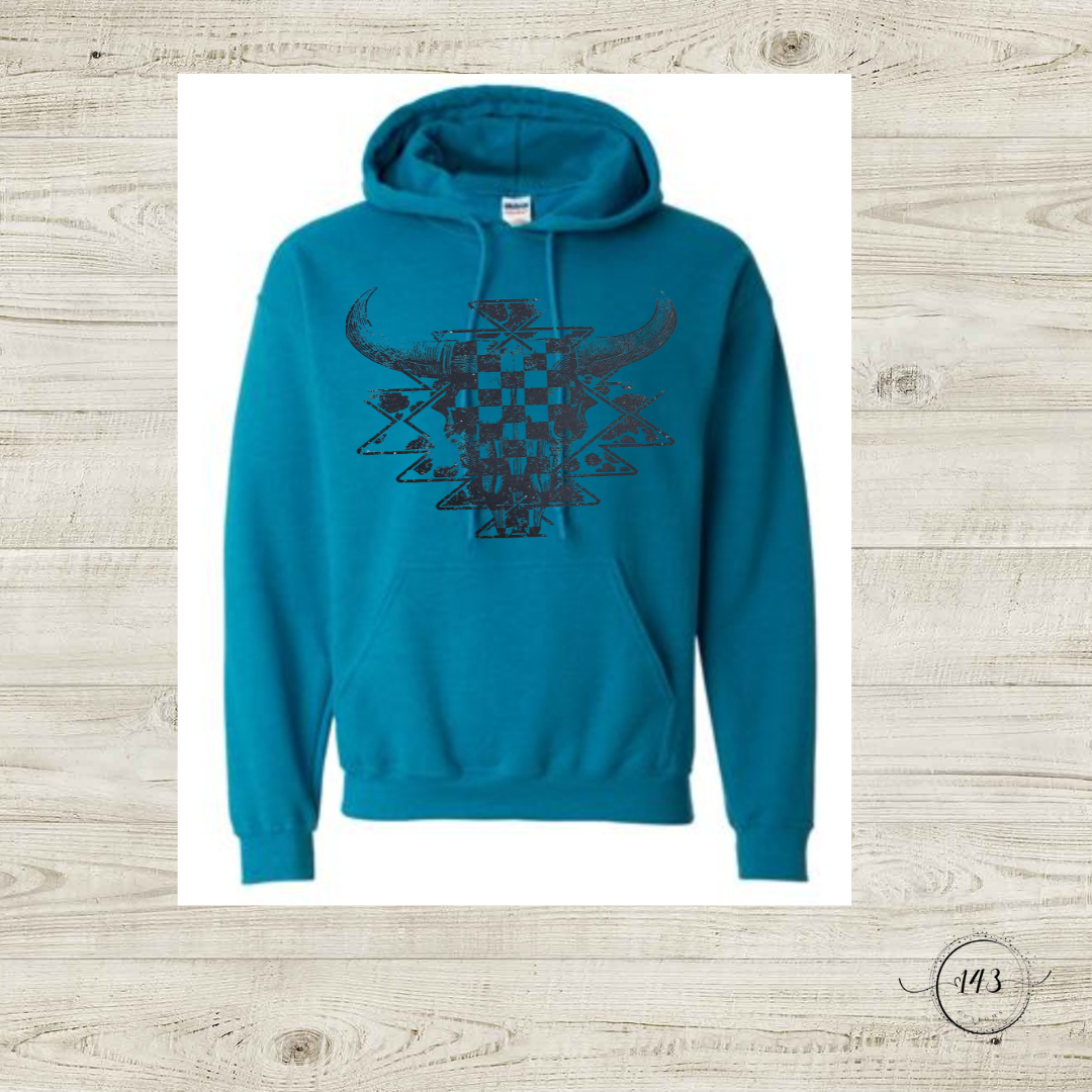Aztec Cow Skull Checkered Hoodie