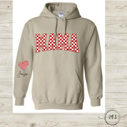 Checkered Mama with heart on sleeve with Childs Name Hoodie